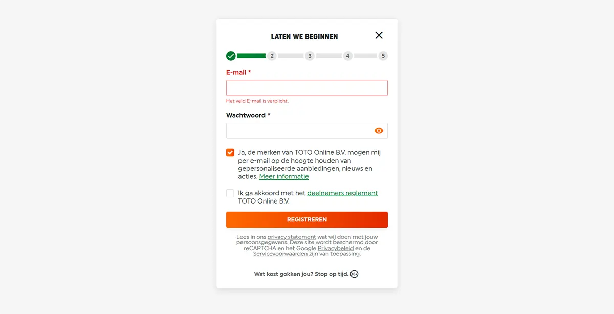 Dutch casino registration form showing a multi-step progress bar, email and password fields, consent checkboxes for marketing and terms, a “Registreren” (Register) button, and responsible gambling and privacy notices.